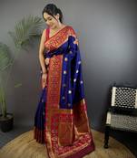 royal blue silk blend butti zari weaving constrast pallu banarasi saree
