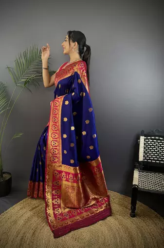 royal blue silk blend butti zari weaving constrast pallu banarasi saree