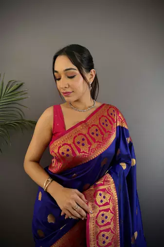 royal blue silk blend butti zari weaving constrast pallu banarasi saree