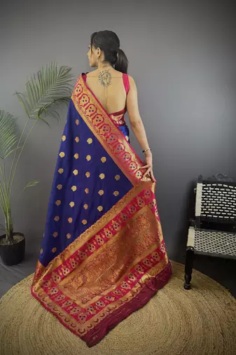 royal blue silk blend butti zari weaving constrast pallu banarasi saree