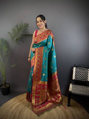 teal silk blend butti zari weaving constrast pallu banarasi saree 1