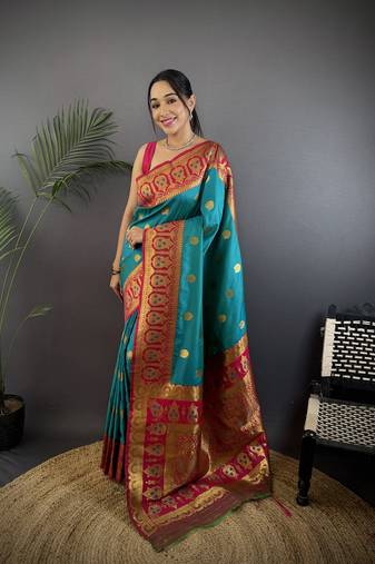 teal silk blend butti zari weaving constrast pallu banarasi saree