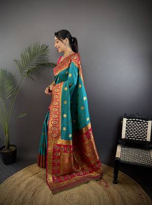 teal silk blend butti zari weaving constrast pallu banarasi saree 2