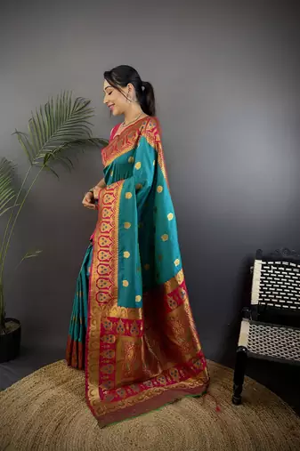teal silk blend butti zari weaving constrast pallu banarasi saree