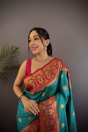 teal silk blend butti zari weaving constrast pallu banarasi saree