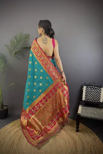 teal silk blend butti zari weaving constrast pallu banarasi saree