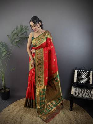 red silk blend butti zari weaving constrast pallu banarasi saree 1