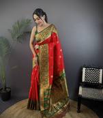 red silk blend butti zari weaving constrast pallu banarasi saree
