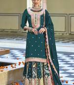 Rama blue chinon silk embroidered sequence palazzo suit