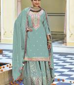 Sea greeen chinon silk embroidered sequence palazzo suit