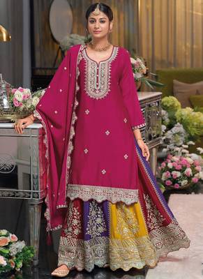 Pink chinon silk embroidered sequence sharara suit 1