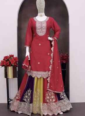 Pink chinon silk embroidered sequence sharara suit 2