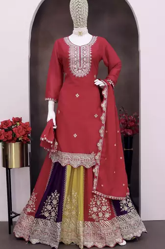 Pink chinon silk embroidered sequence sharara suit