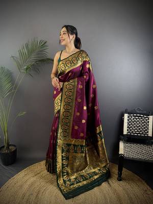 burgundy silk blend butti zari weaving constrast pallu banarasi saree 1