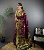 burgundy silk blend butti zari weaving constrast pallu banarasi saree