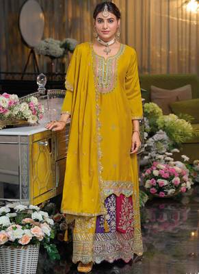 Yellow chinon silk embroidered sequence sharara suit 1