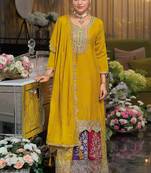 Yellow chinon silk embroidered sequence sharara suit