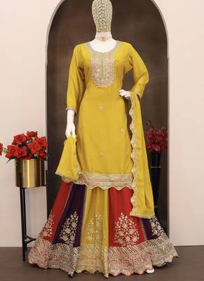 Yellow chinon silk embroidered sequence sharara suit 2