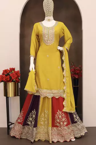 Yellow chinon silk embroidered sequence sharara suit