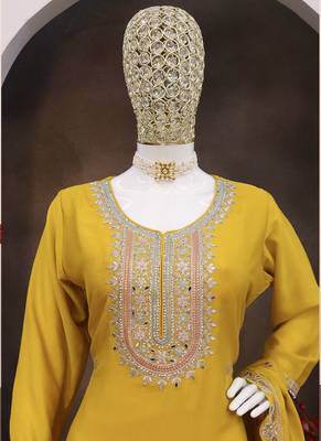 Yellow chinon silk embroidered sequence sharara suit 3