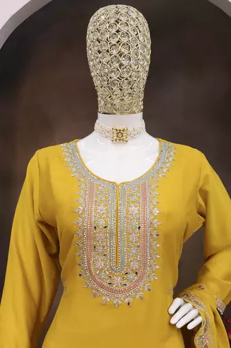 Yellow chinon silk embroidered sequence sharara suit