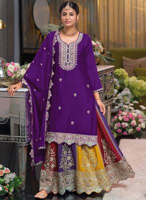 Violet chinon silk embroidered sequence sharara suit 1