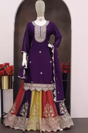 Violet chinon silk embroidered sequence sharara suit