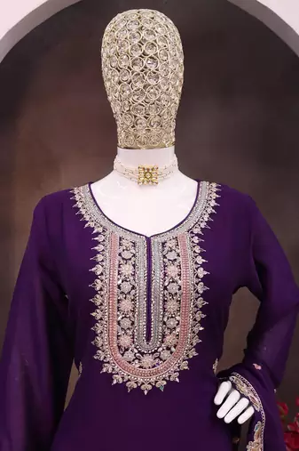 Violet chinon silk embroidered sequence sharara suit
