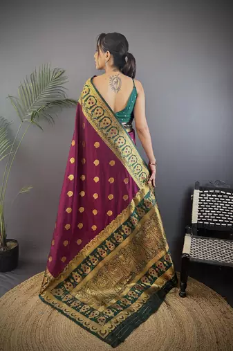 burgundy silk blend butti zari weaving constrast pallu banarasi saree