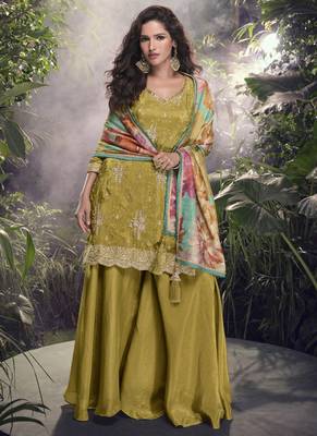 Mustard chinon silk embroidered palazzo suit 1