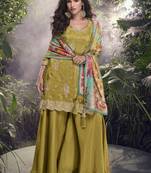 Mustard chinon silk embroidered palazzo suit