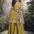Mustard chinon silk embroidered palazzo suit