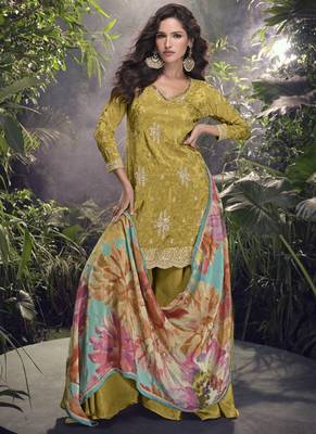 Mustard chinon silk embroidered palazzo suit 2