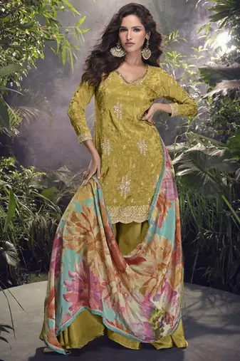 Mustard chinon silk embroidered palazzo suit