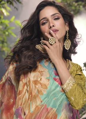 Mustard chinon silk embroidered palazzo suit 3