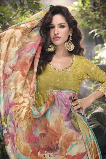 Mustard chinon silk embroidered palazzo suit