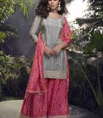 Grey chinon silk embroidered palazzo suit