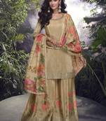 Beige chinon silk embroidered palazzo suit