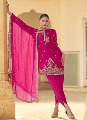 Pink crepe silk embroidered dhoti style suit 1