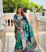 Aqua Green Floral Banarasi silk blend Woven Saree With Matching Blouse