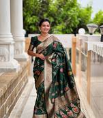 Bottale Green Floral Banarasi silk blend Woven Saree With Matching Blouse