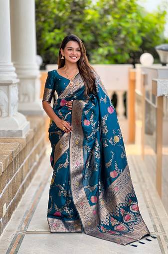 Morpich Floral Banarasi silk blend Woven Saree With Matching Blouse