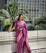 Onion Floral Banarasi silk blend Woven Saree With Matching Blouse