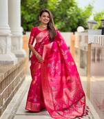 Rani Pink Floral Banarasi silk blend Woven Saree With Matching Blouse