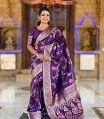 Wine Floral Banarasi silk blend Woven Saree With Matching Blouse