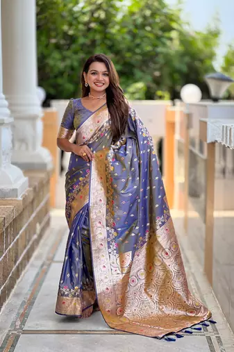 Grey Floral Art silk Tassels Saree With Matching Blouse