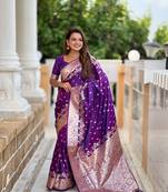 Purple Floral Art silk Tassels Saree With Matching Blouse