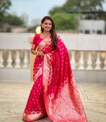 Rani pink Floral Art silk Tassels Saree With Matching Blouse