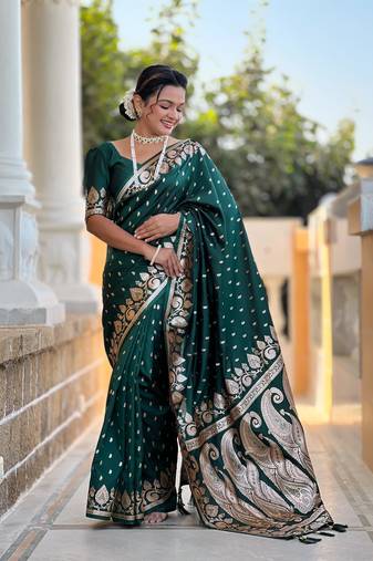 Bottle Green Ombre Banarasi silk blend Woven Saree With Matching Blouse