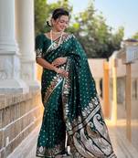 Bottle Green Ombre Banarasi silk blend Woven Saree With Matching Blouse